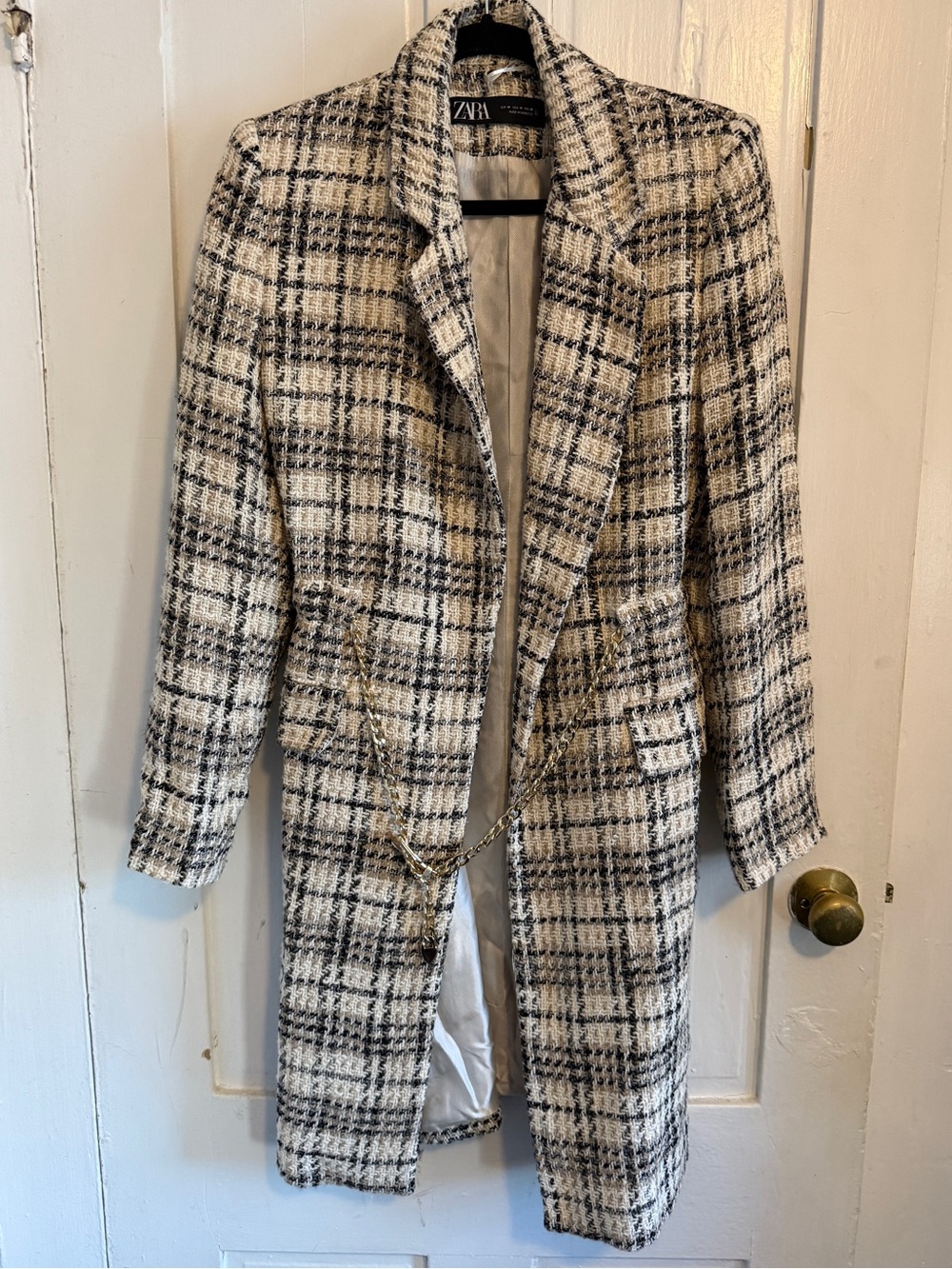 Zara Black & Cream Tweed Long Coat